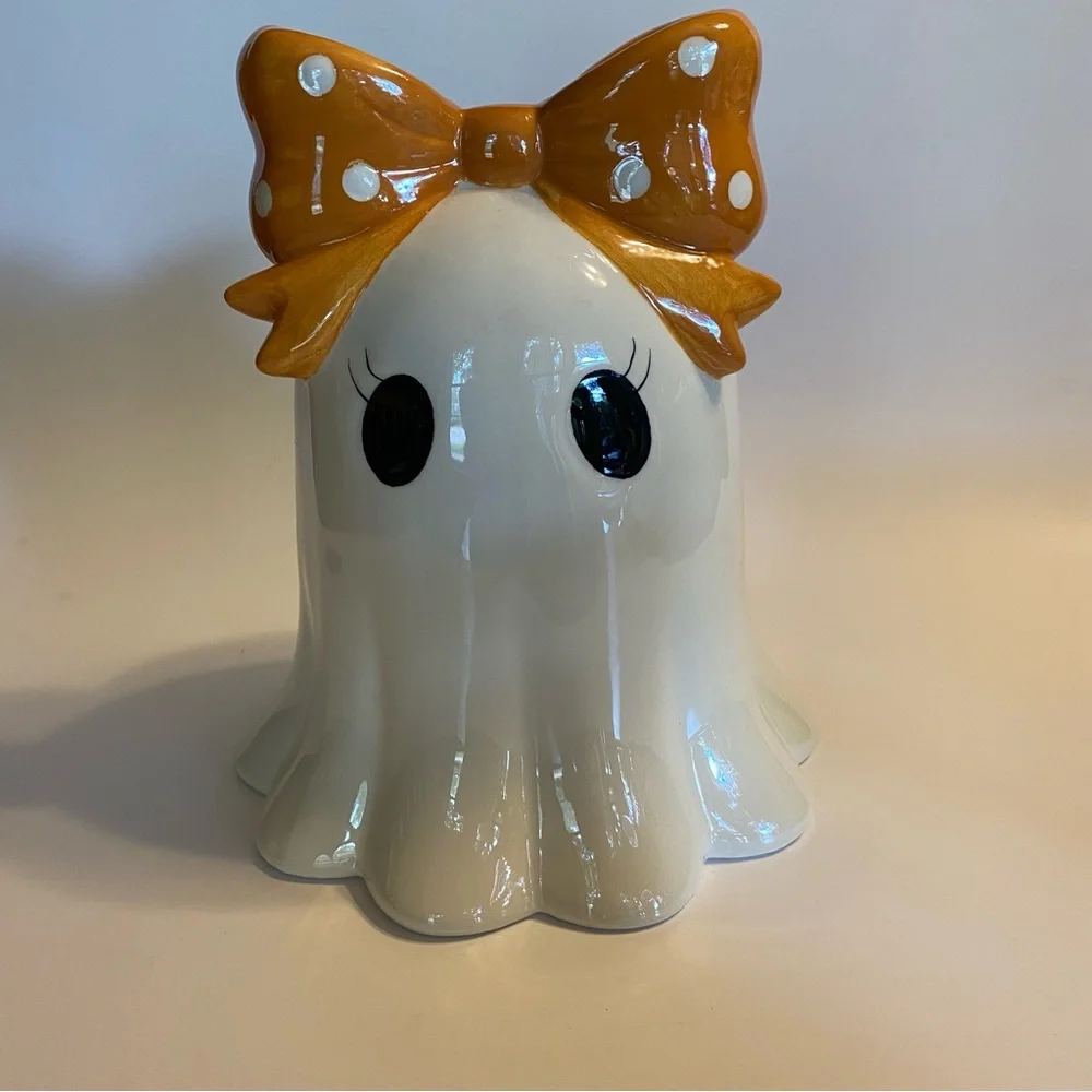 Cute Ceramic Kawaii Ghost Figurine with Orange Polka Dot Bow Halloween Decor New
